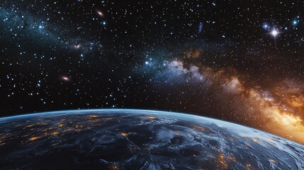 A panoramic view of Earth under a starry sky, with galaxies visible in the distance