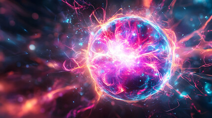 Obraz premium A vibrant, abstract representation of energy and light, showcasing a colorful cosmic sphere with swirling particles and radiance.