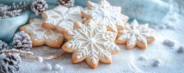 Beautifully decorated snowflake cookies on a festive background, perfect for holiday celebrations and winter gatherings.