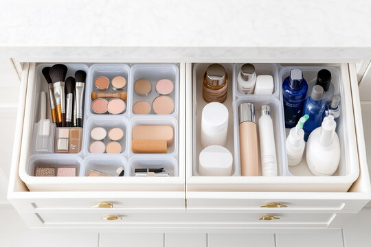 Neatly arranged makeup and skincare items in a drawer, featuring brushes, foundations, compacts, and lotions in clear dividers
