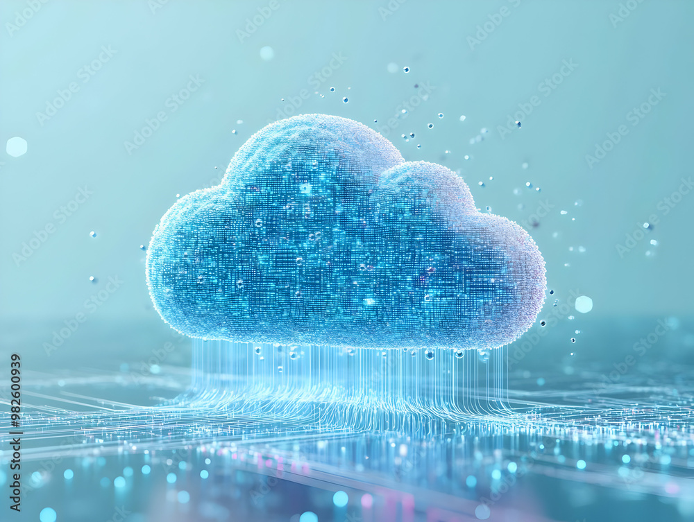 Poster futuristic digital cloud with glowing particles, representing data storage and technology in a moder