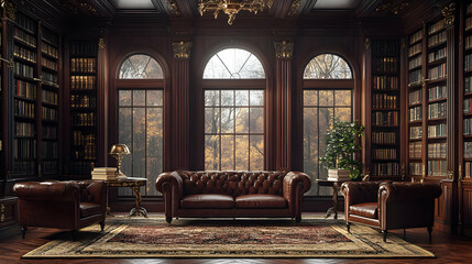 Elegant interior featuring a vintage leather sofa, ornate chandelier, and rich bookshelves, perfect for a sophisticated ambiance.