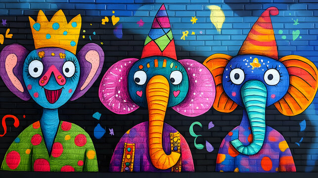 Colorful elephants in vibrant costumes celebrate joy with playful expressions and artistic flair against a lively backdrop.