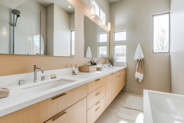 Fototapeta premium Elegant Modern Bathroom with Light Wood Cabinets and Warm, Earthy Tones