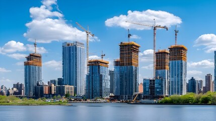 Obraz premium Booming Cityscape with Towering Skyscrapers and Cranes in Development
