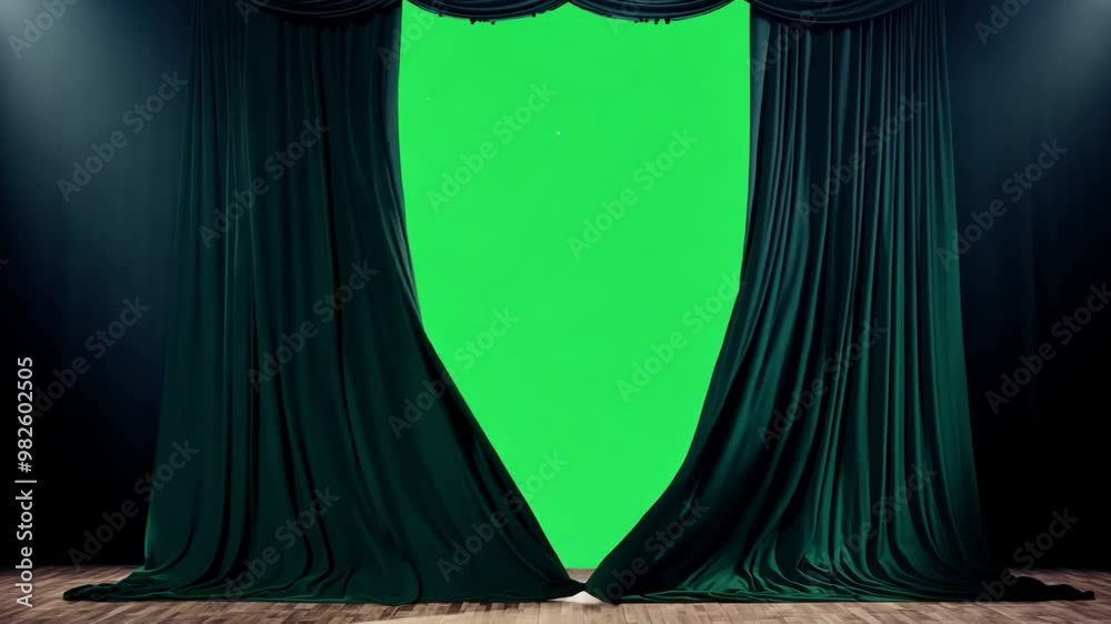 Poster the lush green curtain hangs elegantly at the front of the stage, bathed in soft spotlight illuminat