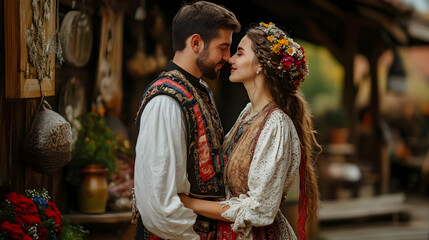 Obraz premium A romantic couple in traditional attire share a tender moment, showcasing love and culture amid a charming outdoor setting.