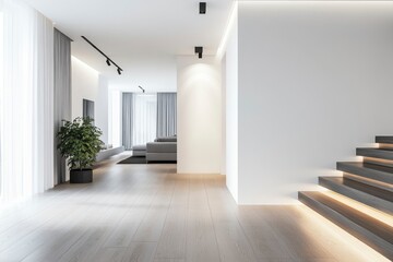 Fototapeta premium A modern home corridor in front of a living room features a white wall with generative ai