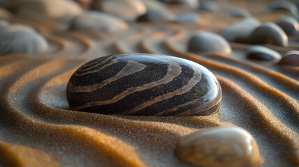 Obraz premium A close-up view of a striped stone resting on a sandy surface, showcasing natural textures and patterns.