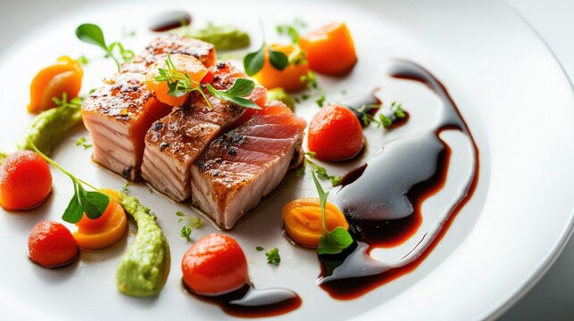 A beautifully plated bluefin tuna dish with vegetables and sauce, set against a simple table backdrop. The ample space around the plate is perfect for text.