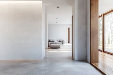 A modern home corridor in front of a living room features a white wall with generative ai