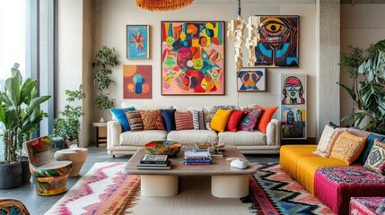 A bright living room with colorful decor, featuring bold artwork on the walls, vibrant cushions on the sofa, and a mix of patterns and textures that express personality.