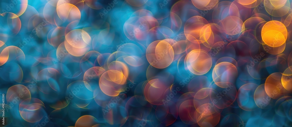 Poster colorful soft circular bokeh overlay for use to enhance images with copy space on a deep twilight bl