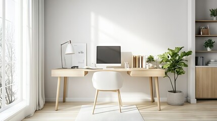 A bright Nordic-style home office with a simple desk, light wood furniture, and clean lines. The blank wall behind the desk offers ample space for copy.