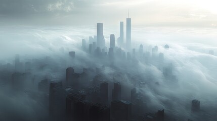 Fototapeta premium A city skyline shrouded in smog with a hazy, polluted atmosphere. The open space above and around the city provides a perfect area for text.