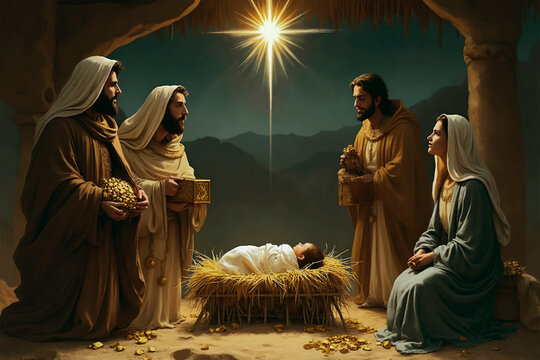 Adoration of the Shepherds - Nativity. Biblical scene. Holy Family, virgin Mari and 3 three wise men. merry Christmas time celebration. kings giving gifts to baby Jesus Christ. star of bethlehem.