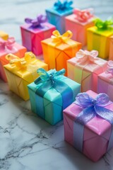 Obraz premium A row of rainbow-hued gift boxes with bows, perfectly aligned on a marble surface.