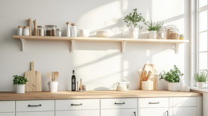 Fototapeta premium A clean and minimal Nordic kitchen with white cabinetry, wooden countertops, and open shelving. Plenty of blank wall space for copy, accentuating the simplicity.
