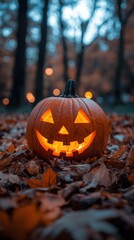 A glowing jack-o'-lantern sits amidst autumn leaves, capturing the festive spirit of Halloween in a serene woodland setting.