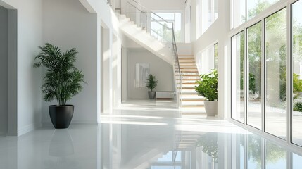 Fototapeta premium A clean, white hallway in a modern home with plenty of open wall space for copy. Bright natural light streams through large windows.