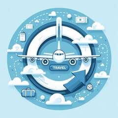 Tourism banner airplane, passport, tickets, suitcases. Concept holiday flights, tourism, travels