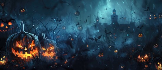 Halloween Background With Jack O Lanterns In The Night