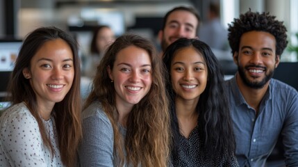 Obraz premium Collaborative Diversity Showcased in Office Setting: Five Individuals United by Smiles, Embracing Cultural Differences. Highlighting Cultural Diversity and Team collaboration concept. 