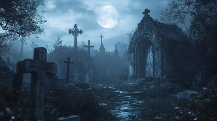 The full moon bathes an old cemetery in light, revealing crumbling ruins and crosses, with a chilling and foreboding mood 