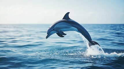 Obraz premium A close-up of a dolphin jumping out of the water with the ocean and sky in the background. The clear space around the dolphin is perfect for text.