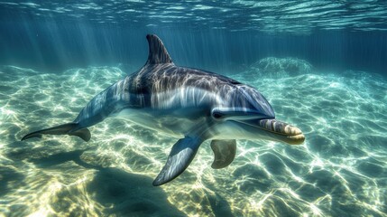 A close-up of a dolphin's face and sleek body swimming gracefully in clear water. The unobstructed background provides a perfect area for copy.