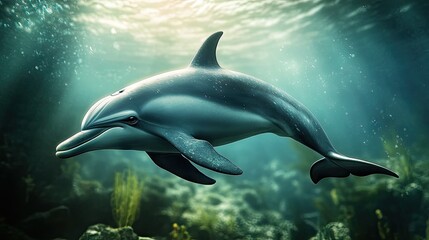 A close-up of a dolphin's streamlined body with a blurred underwater background. The open space around the dolphin allows for clear text placement.