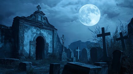The full moon bathes an old cemetery in light, revealing crumbling ruins and crosses, with a chilling and foreboding mood