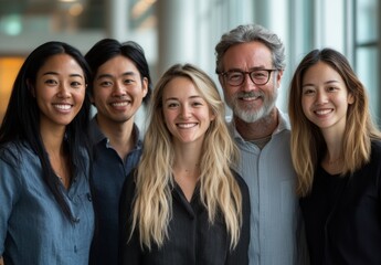 Fototapeta premium Collaborative Diversity Showcased in Office Setting: Five Individuals United by Smiles, Embracing Cultural Differences. Highlighting Cultural Diversity and Team collaboration concept. 