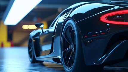 Sleek black sports car parked in a modern garage, showcasing its elegant design and powerful presence under bright lighting.