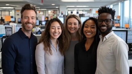 Obraz premium Collaborative Diversity Showcased in Office Setting: Five Individuals United by Smiles, Embracing Cultural Differences. Highlighting Cultural Diversity and Team collaboration concept. 