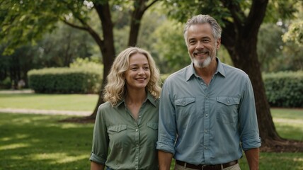 Obraz premium Happy mature couple walking together in park, romantic date, love and happiness concept