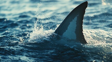 Fototapeta premium A close-up of a shark's dorsal fin cutting through the water. The unobstructed sea surface around the fin offers a clean backdrop for text.