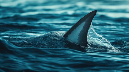 Fototapeta premium A close-up of a shark's dorsal fin cutting through the water. The unobstructed sea surface around the fin offers a clean backdrop for text.