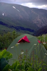 A tourist tent stands in the grass in the mountains