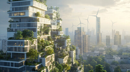 Obraz premium A cityscape with a large building that has a green roof. The city is surrounded by trees and the sky is cloudy