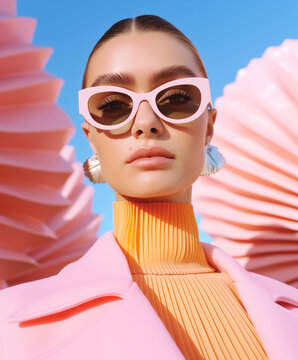 A fashion model in bold pink sunglasses and a structured pastel outfit poses against a vibrant blue sky. High-fashion editorial portrait blending sharp design with playful colors.