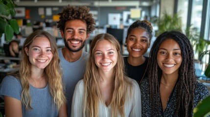 Obraz premium Collaborative Diversity Showcased in Office Setting: Five Individuals United by Smiles, Embracing Cultural Differences. Highlighting Cultural Diversity and Team collaboration concept. 