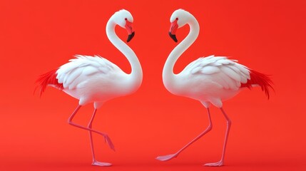 Two elegant flamingos standing on a vibrant red background, showcasing beauty and grace in a striking composition.