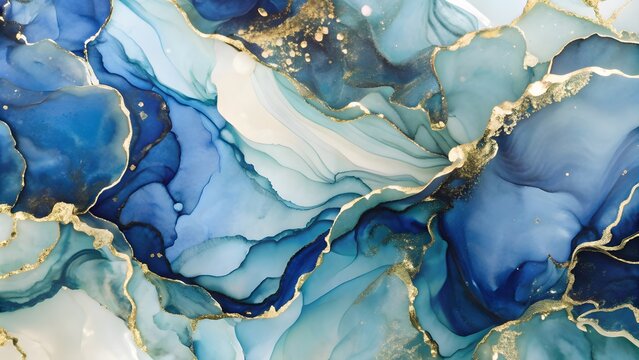 Blue marble and gold abstract background texture. indigo ocean blue marbling with natural luxury style swirls of marble and gold powder. Luxury marble and gold abstract background texture. - Powered by Adobe