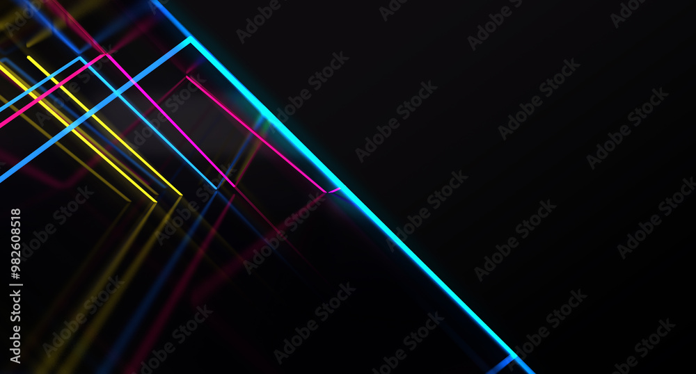 Poster abstract multicolored neon lines on a dark background.
