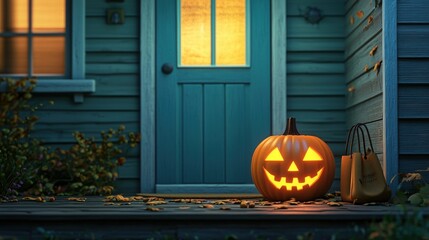 Obraz premium A carved pumpkin glows warmly on a porch, with a charming blue door and autumn leaves, capturing the cozy essence of Halloween.