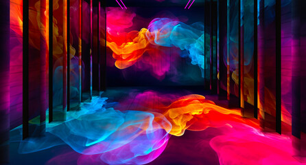 colorful neon bright glow on dark background. Columns in dark tunnel © Laura Сrazy