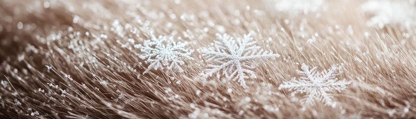 Close-up of soft fur adorned with delicate snowflakes, creating a serene winter scene that captures the beauty of nature.