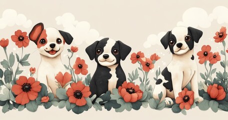 Obraz premium Cute cartoon puppies with bright flowers background