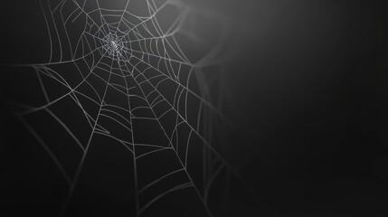 A close-up of a delicate spider web glistening in the darkness, showcasing intricate patterns and a sense of mystery.